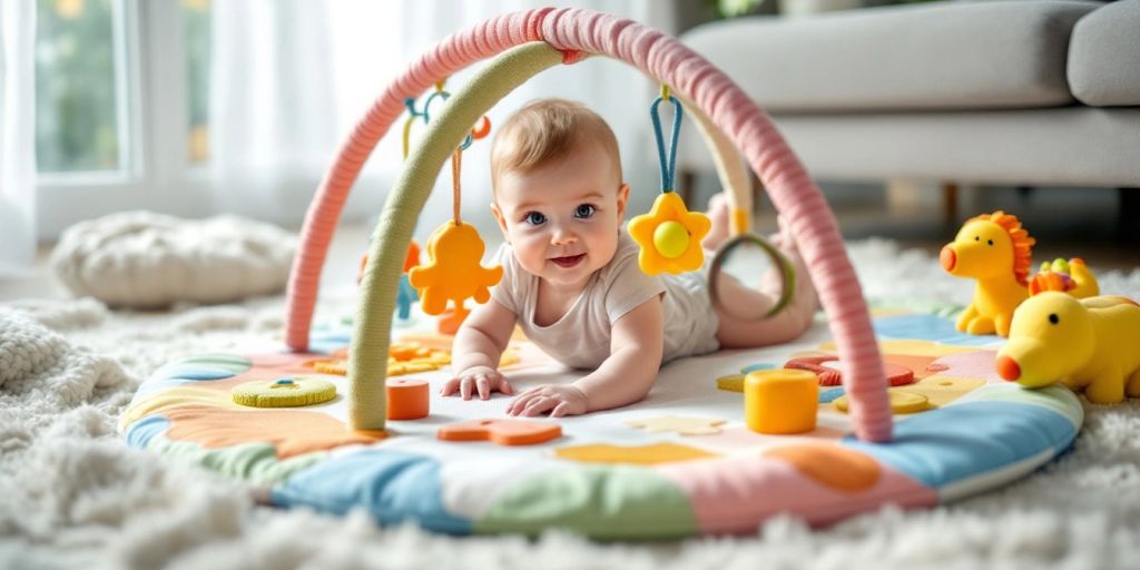 Kleurrijk speelkleed voor baby's met zachte texturen.