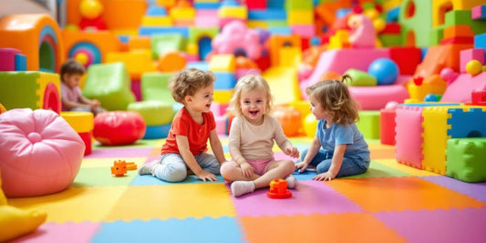 Vrolijke kinderen spelen op kleurrijke speelmatten.